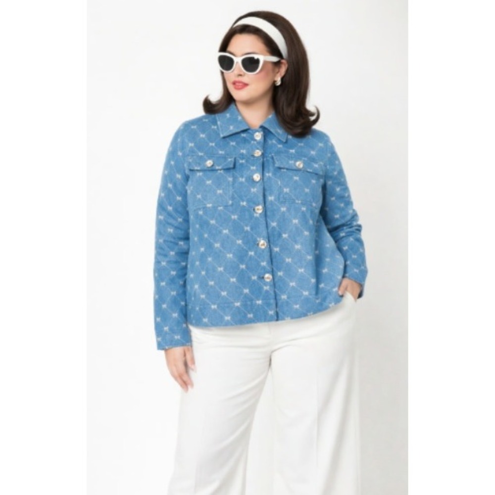 Unique Vintage Blue Denim Jacket Bow Diamond Print Rhinestone Buttons Small S/4